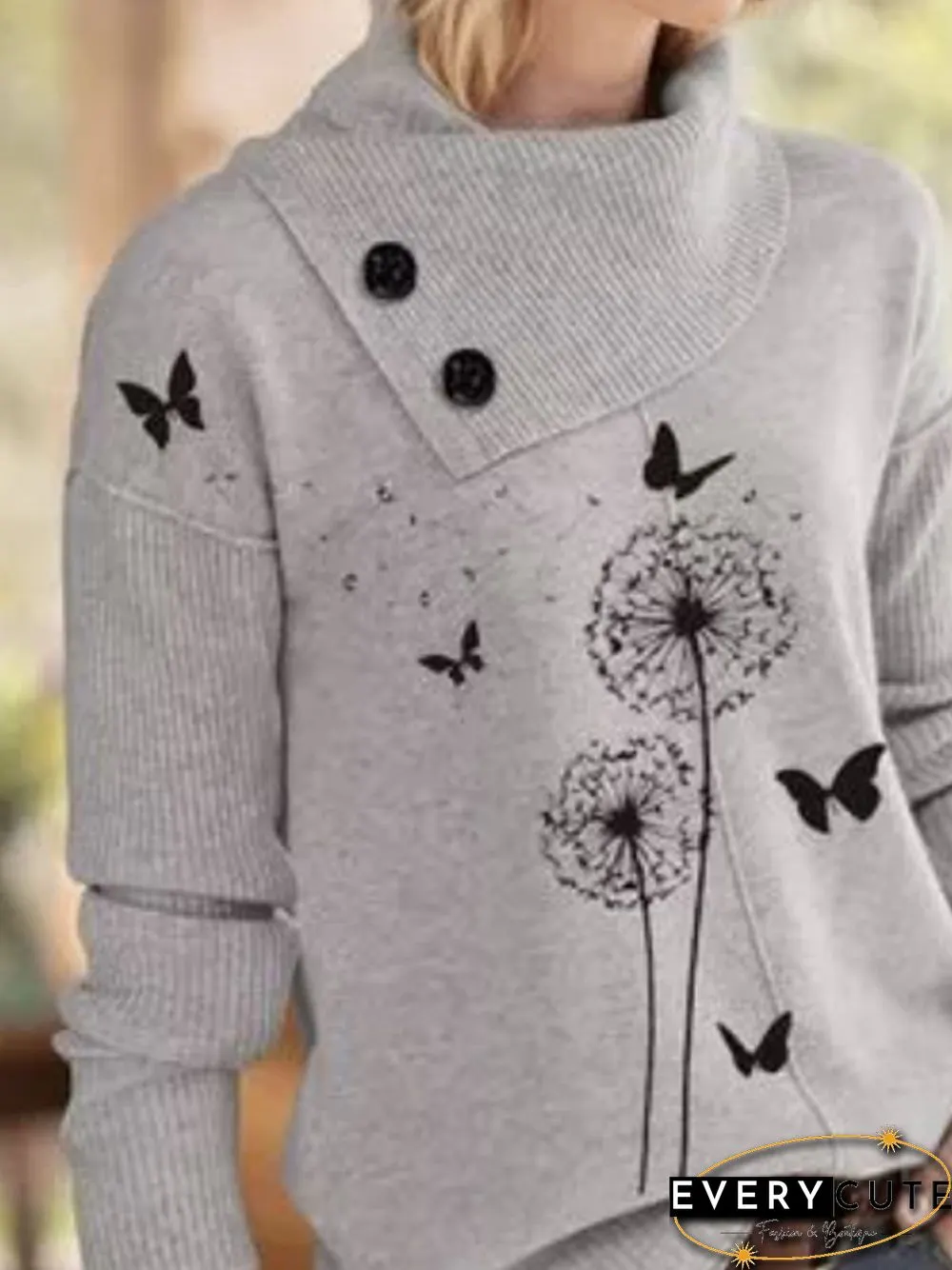 Women Casual Floral Autumn Daily Statement Shawl collar Cotton-Blend Sweater
