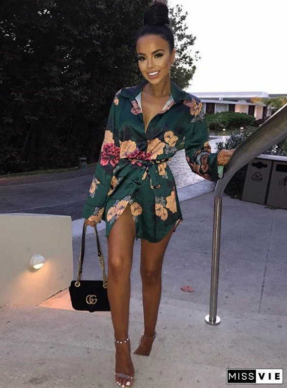 Floral Print Notched Dress Women Summer Long Sleeve Sexy Split