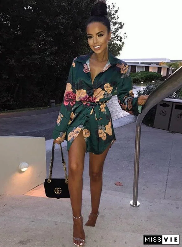 Floral Print Notched Dress Women Summer Long Sleeve Sexy Split