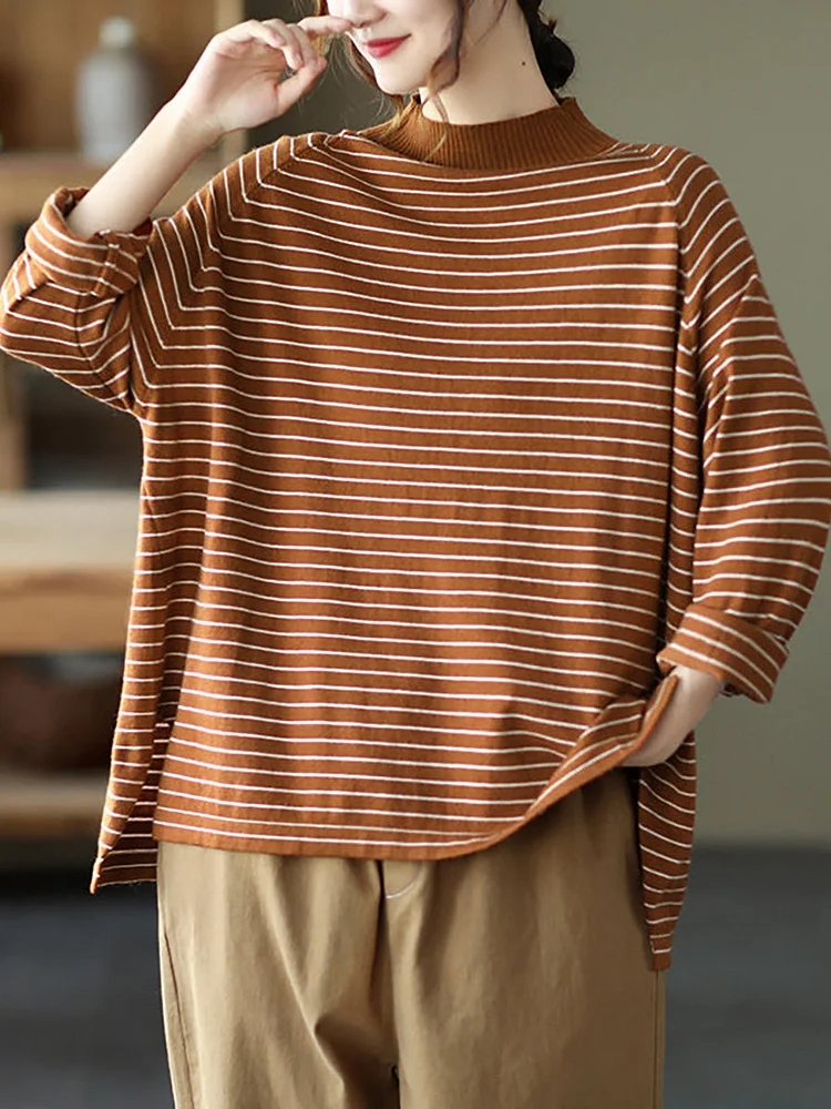 Plus Size - Stripes Turtleneck Knitted Long Sleeve Sweater