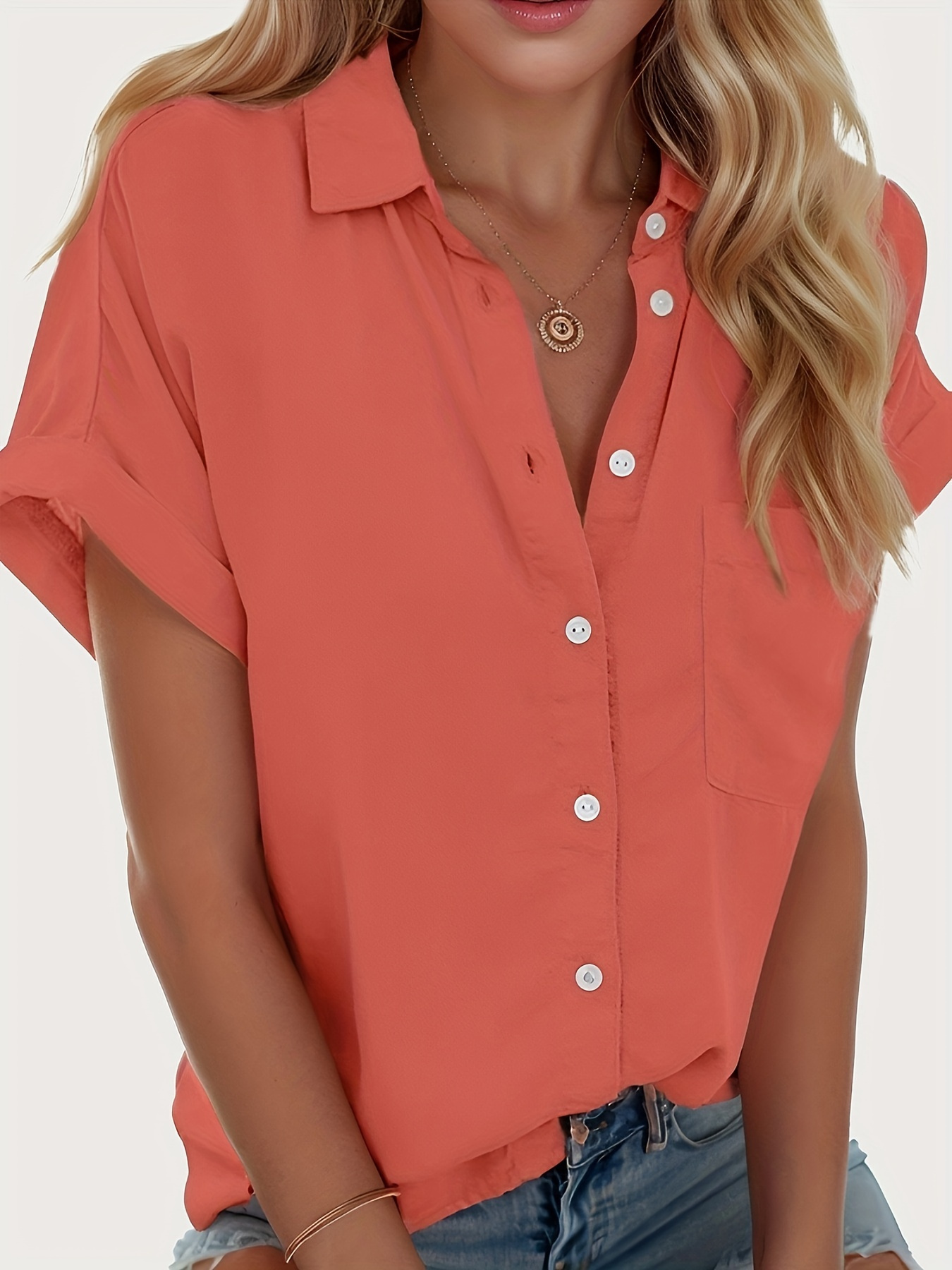 Tooluck Women's Summer Casual V-Neck Blouse, Short Sleeve, Solid Color, Polyester Woven Shirt Top With Pocket | IFYHOME