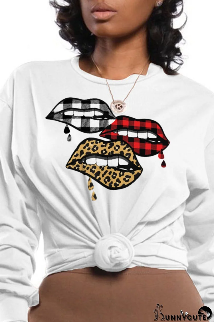 White Casual Street Lips Printed Patchwork O Neck Tops