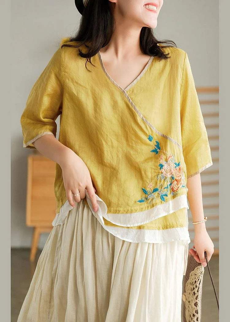 Style Yellow Embroidered Asymmetrical design Ramie Summer Blouses