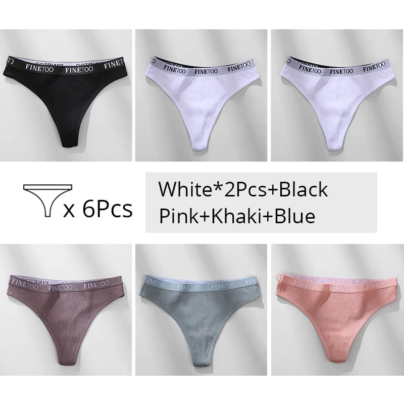 FINETOO Trendy Letter Thongs Cotton G-string Underwear M-XL Girls Bikini Underpants Comfortable Thong Panties 6Pcs Female Panty