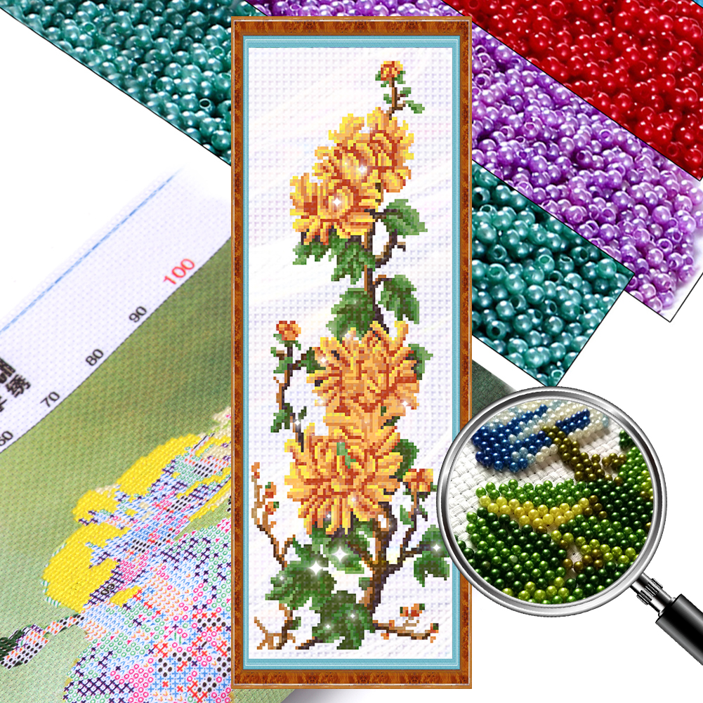 Chrysanthemum Partial 9CT Pre-stamped Canvas(21*52cm) Beaded Cross Stitch