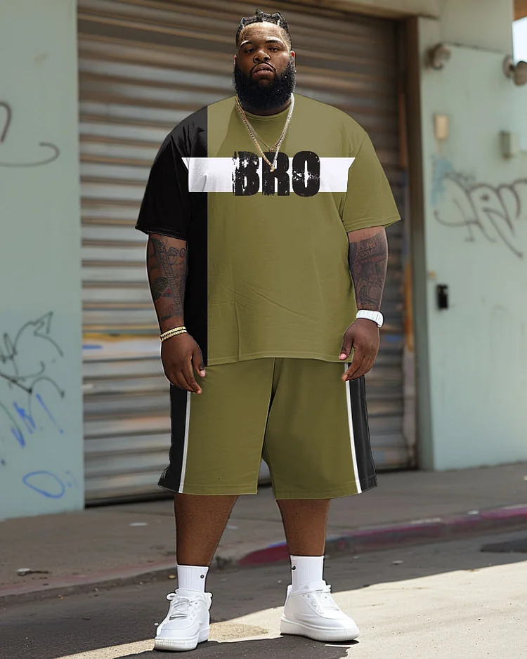 Men's Plus Size Street Casual Colorblock Bro Alphabet Print T-Shirt Shorts Suit