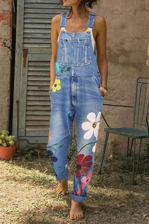 Fashion Flower Printed Denim Jumpsuits