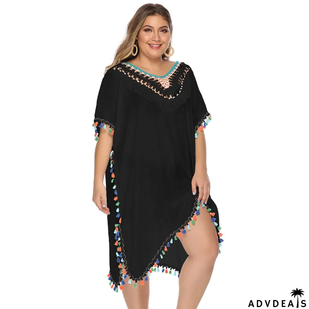 Plus Size Women's Irregular Hook Patchwork Multi-Color Tassel Deep V Sexy Loose Plus Size Beach Cover Up