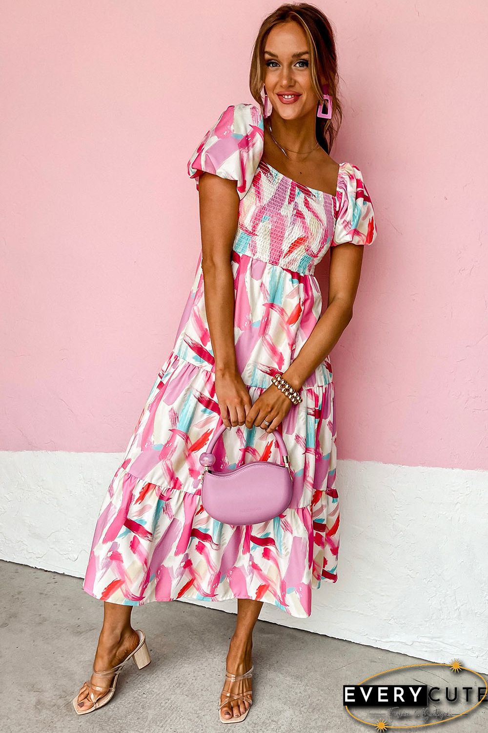 Pink Brush Stroke Printed Smocked Ruffle Tiered Dress
