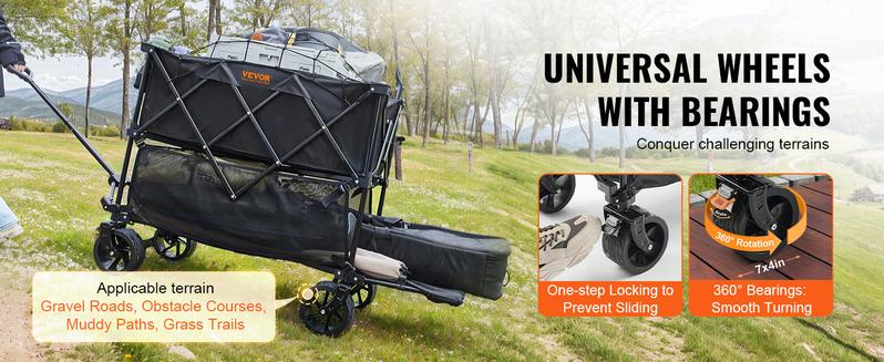 Product Introduction of VEVOR Foldable Double Decker Wagon. Collapsible Wagon Cart with All-Terrain Wheels. Heavy Duty Folding Wagon Cart  for Camping. Shopping. Garden. 52" Extra Long Extender 5