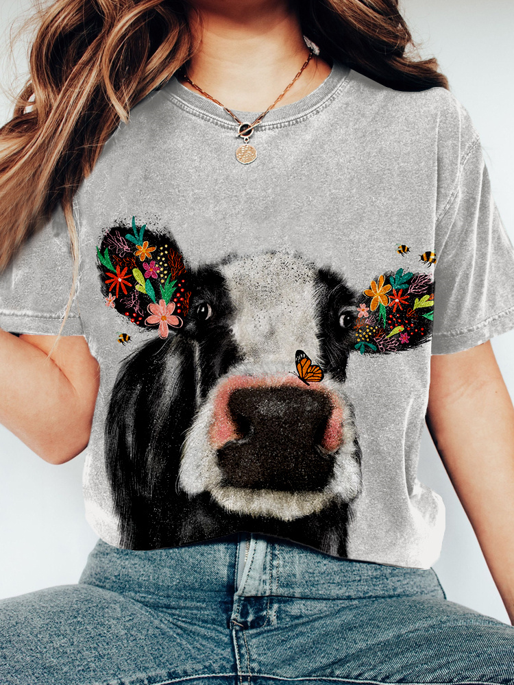 Comstylish Lovely Cow with FLower Vintage Washed T Shirt