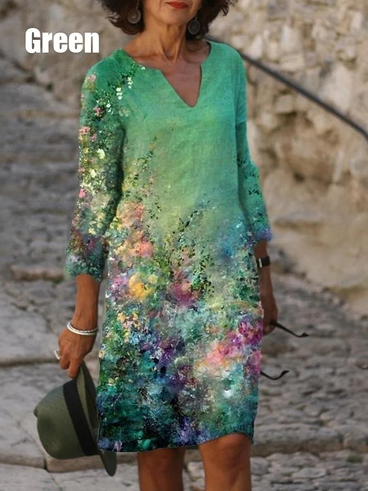 Fashion Women Casual Printing V-Neck Half Sleeve Vintage Loose Dress