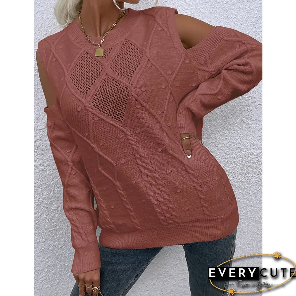 Light Brown Hollow Out Knitted Cold Shoulder Sweater