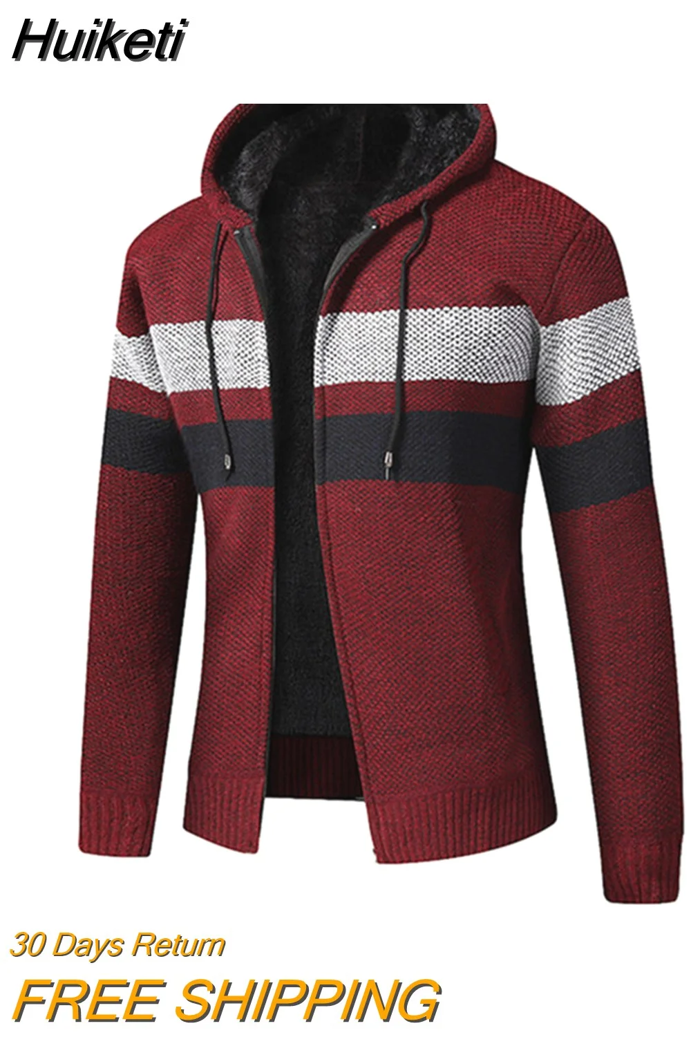 Huiketi Winter Hooded Cardigan Men Fleece Warm Knitted Sweatercoat Mens Fashion Striped Hooded Knitwear Zipper Casual Cardigan Man