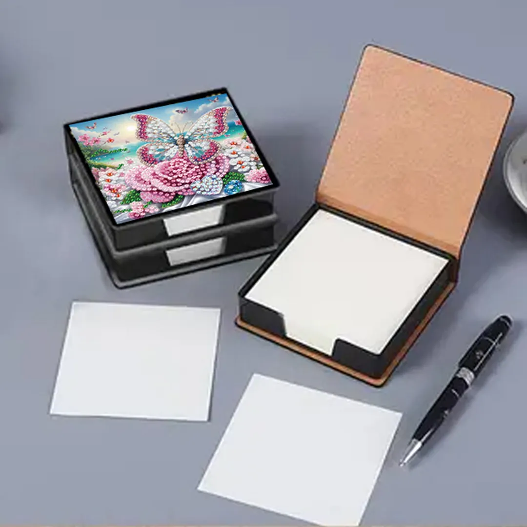 Butterfly and Flower PU DIY 5D Diamond Painting Note Box w/160 Sheets for Office