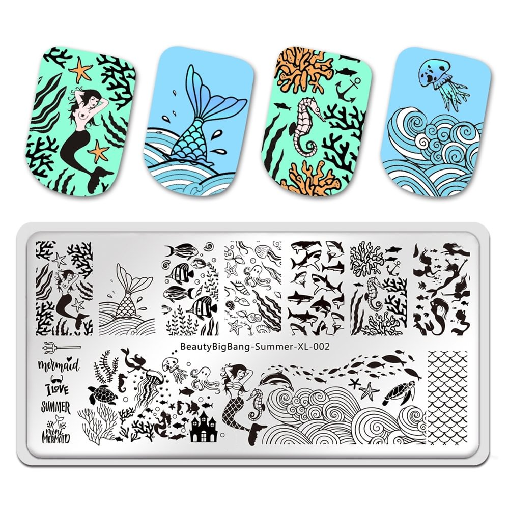 Agreedl Beautybigbang Nail Stamping Plates Summer XL-002 Mermaid Wave Shark Sea Image 6*12cm Stainless Steel Stamp Template For Nail Art