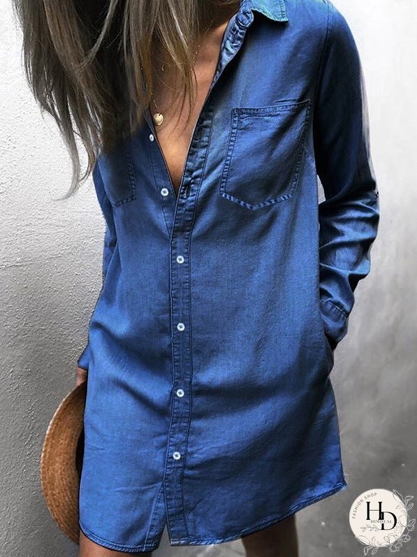 Dresses Pocket Long Sleeve Denim Shirt Dress for Women