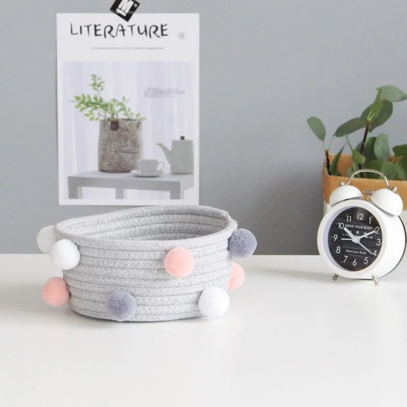 INS Pompom Cotton Rope Storage Baskets Handmade Woven Dirty Clothes Laundry Basket Kids Toys Desktop Sundries Organizer Hamper