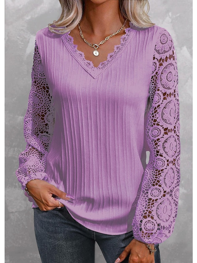Womens Lace Shirt blouse plain black white pink long casual elegant fashion basic neck