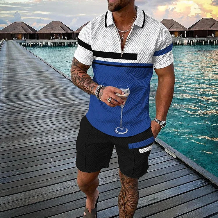 Fashion Color Contrast White Blue Short Sleeve Polo Shirt And Shorts Co-Ord