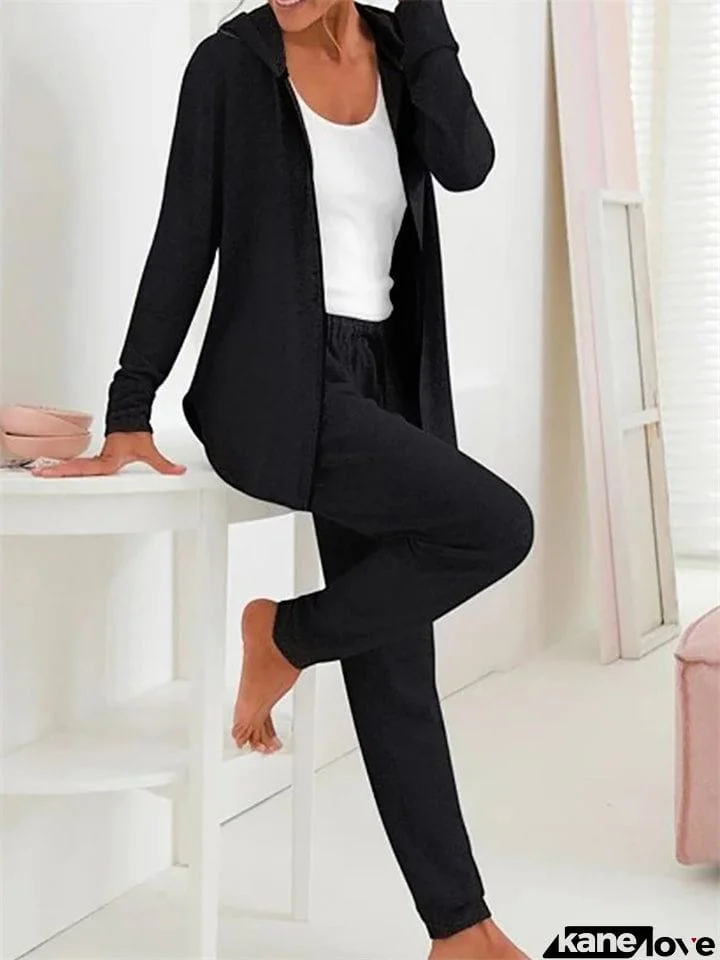 Female Solid Color Casual Hooded Two-piece Sportswear Suit