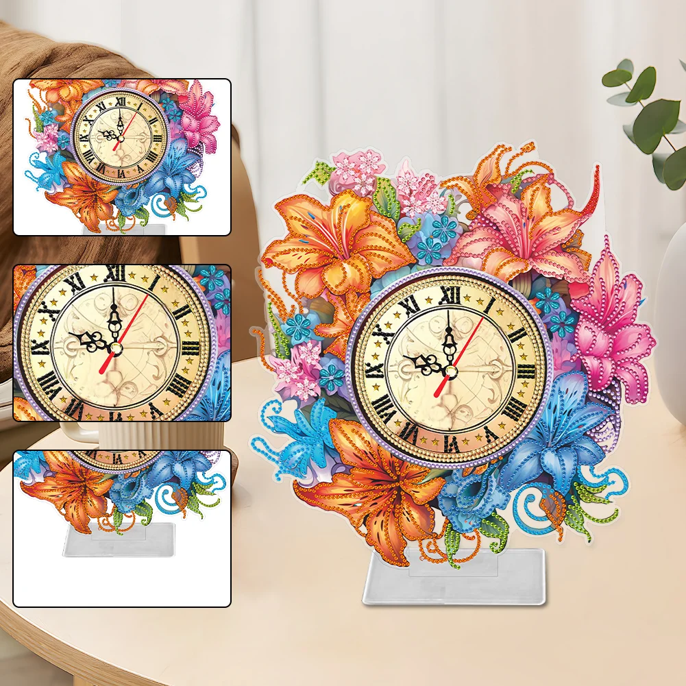 DIY Lily Acrylic Special Shaped 5D Diamond Painting Clock Art Craft for Home Decor