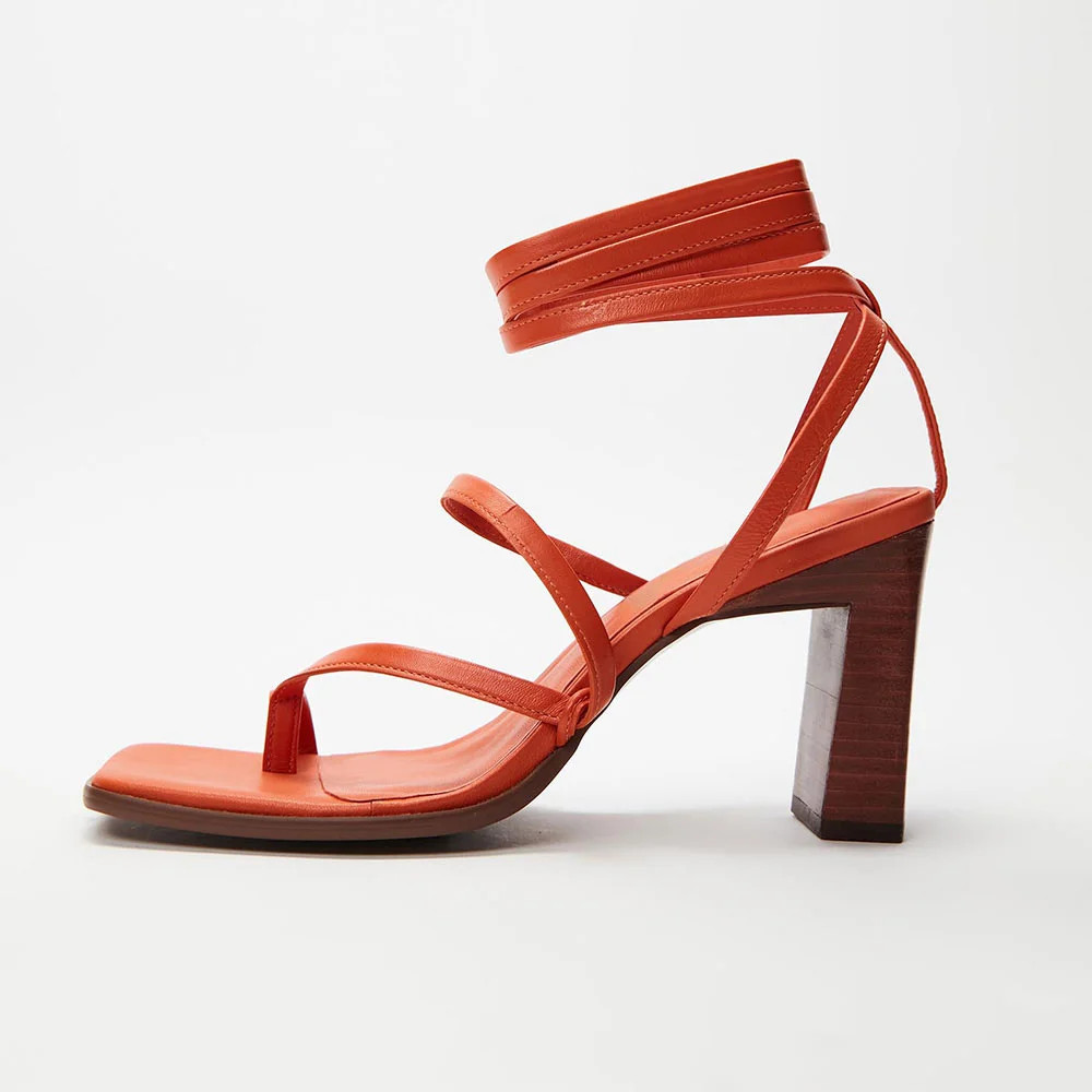 Orange Faux Leather Chunky Heel Ankle Strap Lace Up Toe Ring Sandals