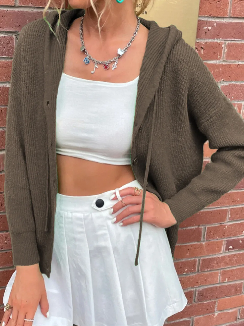 Women's Long Sleeve V-neck Lace-up Hooded Knit Seawter Tops