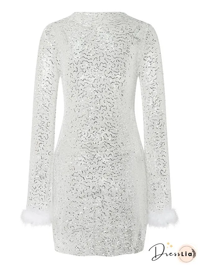 Party Dress Sequin Mini Pink White Black Long Sleeve Pure Color Sequins Mesh Feather