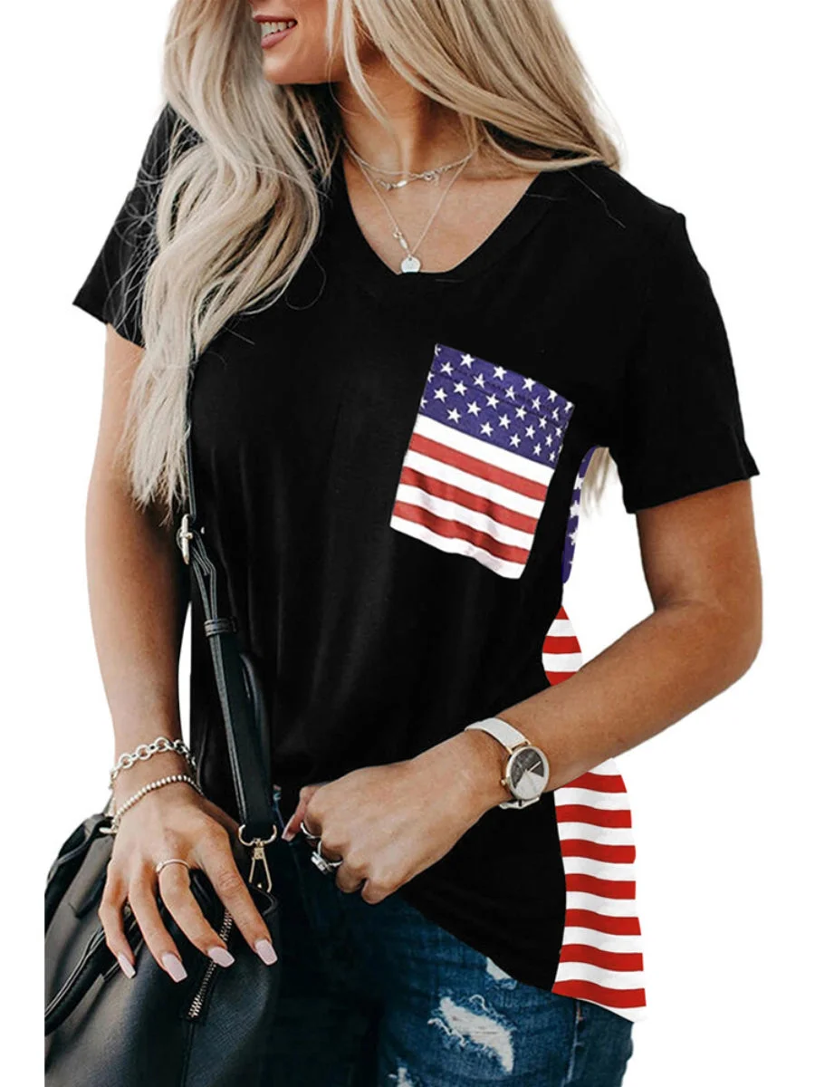 American Flag Print T-Shirt Round Neck Short Sleeve Loose Fit Top