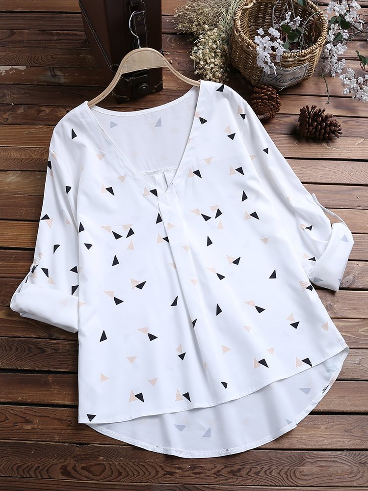 Print Triangle V Neck Roll Up Shirt P1376664