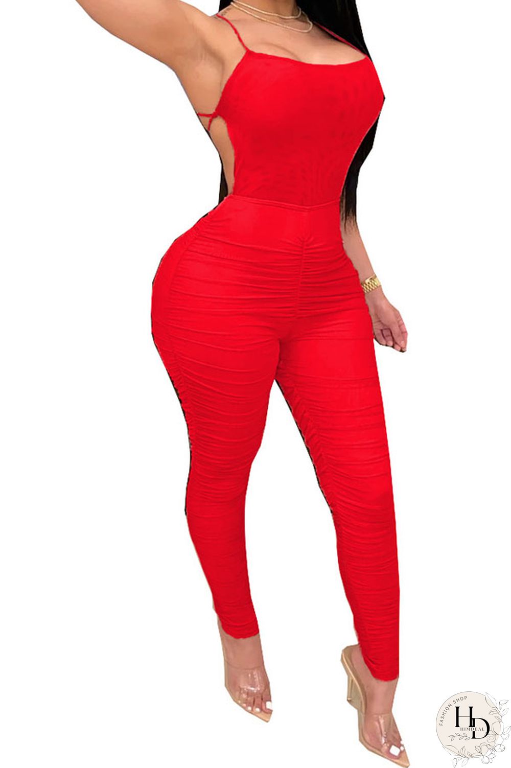 Fluorescent green Fashion Casual Solid Draped Polyester Sleeveless Slip Jumpsuits