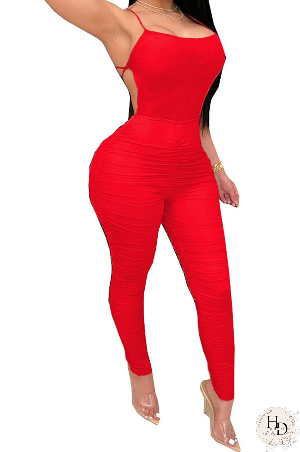 Fluorescent green Fashion Casual Solid Draped Polyester Sleeveless Slip Jumpsuits