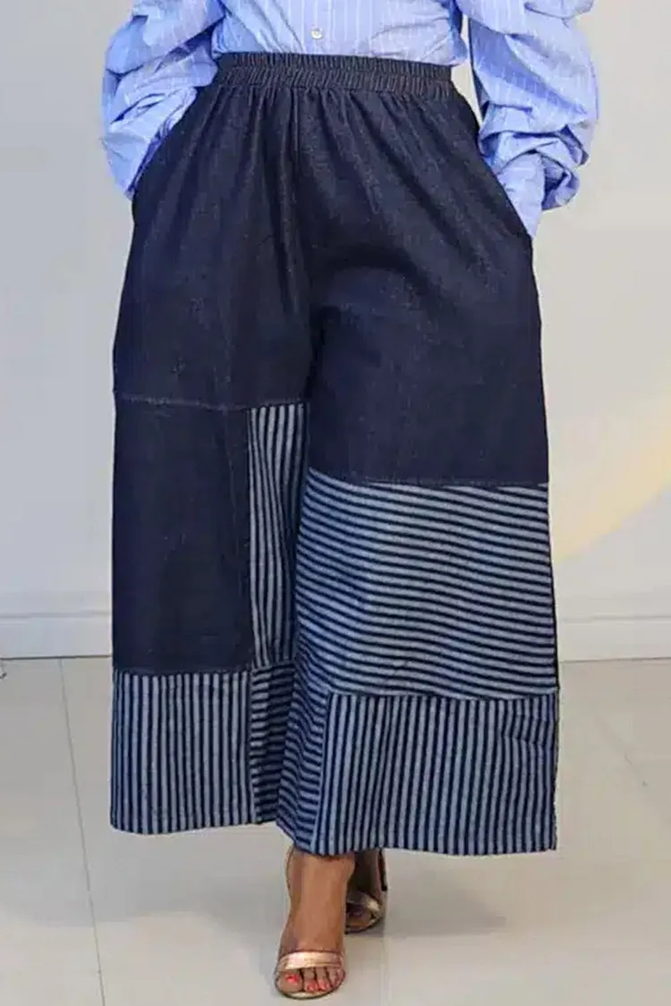 Plus Size Daily Blue Striped Pocket Pull-On Waist Denim Jeans [Pre-Order] 2024 - Xpluswear