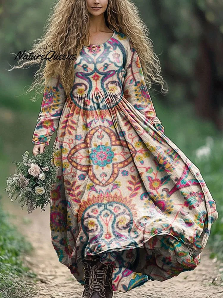 Women's Retro Floral Print Pocket Cotton Dress