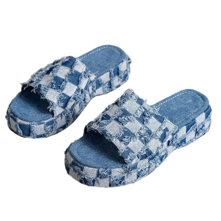 Churchf Churchf Female Summer 2023 New Color Plaid One-Word Slippers Thick Cloth Face Slippers