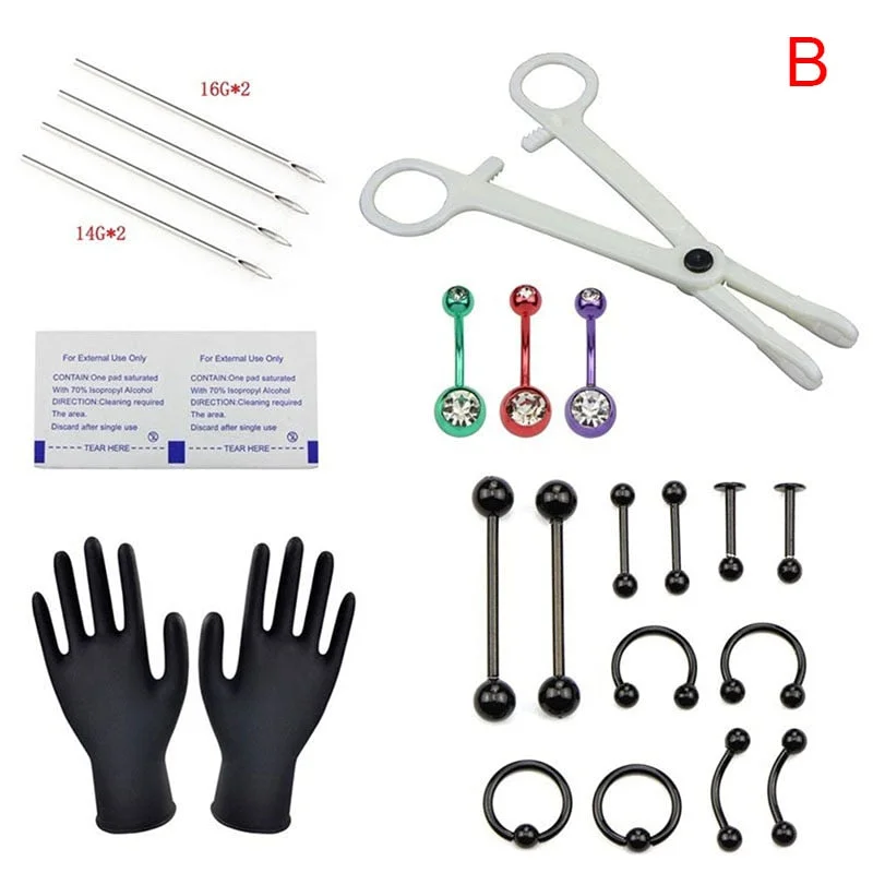 Body Piercing Kit With Needle Pack Nose Septum Belly Button Piercing Tool Kit Ear Tragus Nipple Eyebrow Labret Pircing Set Clamp