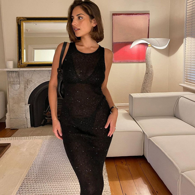 Ootddress See-Through Fashion Sleeveless Maxi Dress Female Casual Sequin Slim High Waist Streetwear Vest Clothes Women Long Dress