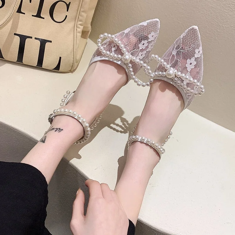 Elegant Ladies Pearl Strap Pumps 2022 Summer Sexy Black Mesh High Heels Sandals Women Pointed Toe Thin Heeled Dress Shoes