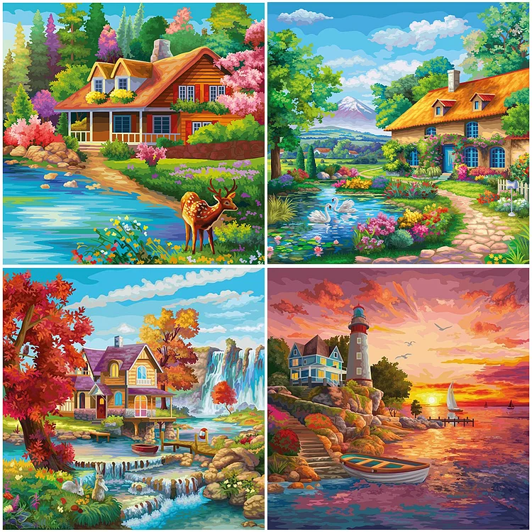 Diamond Painting Kits for Adults Landscape: Diamond Art Kits for Adults Paint by Number Kits Green Country Scenery Diamond Paintings Cottage Diamond