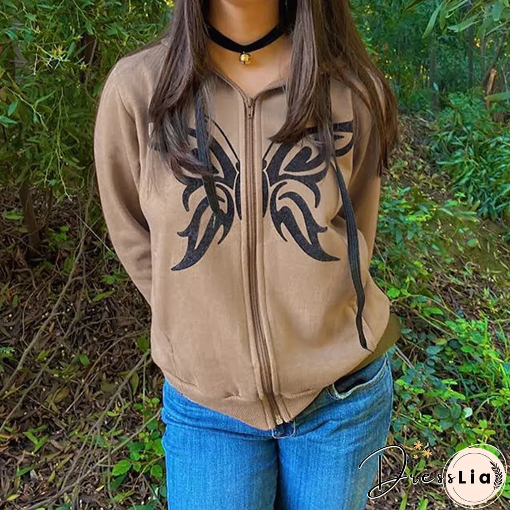 Women Butterfly Sweatshirt Y2k Aesthetic Fairycore Grunge Zip Up Long Sleeve Tops E Girl Hoodie Casual Streetwear