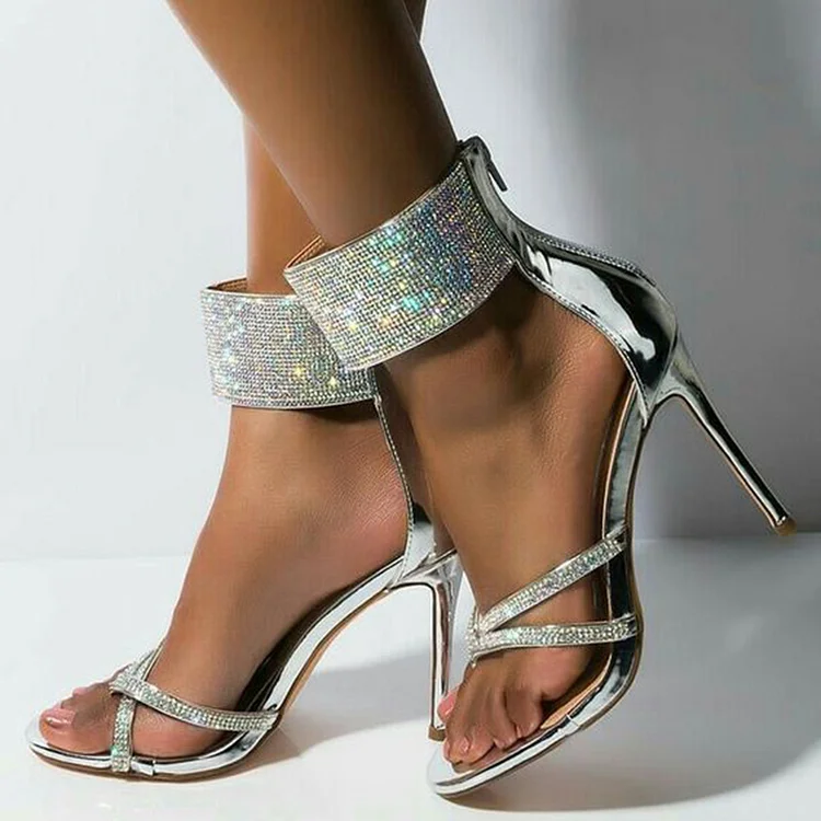 Silver Rhinestone Sandals Ankle Ring Design Glitter Stiletto Heels |FSJ Shoes