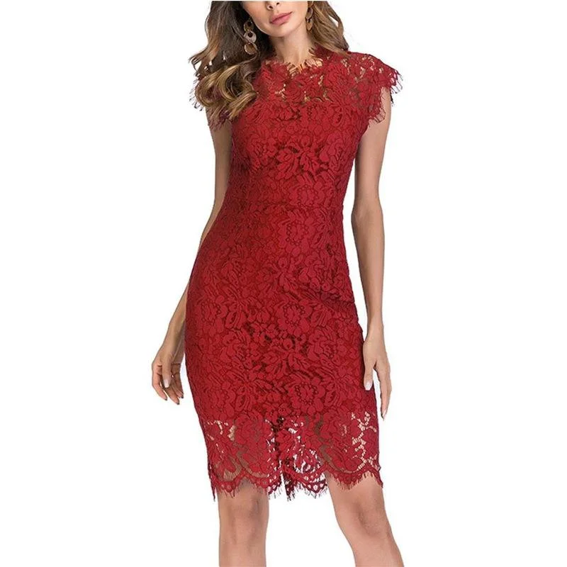 Summer Lace Dresses Solid Color Lapel Collar Pack Butt Midi Pencil Dresses