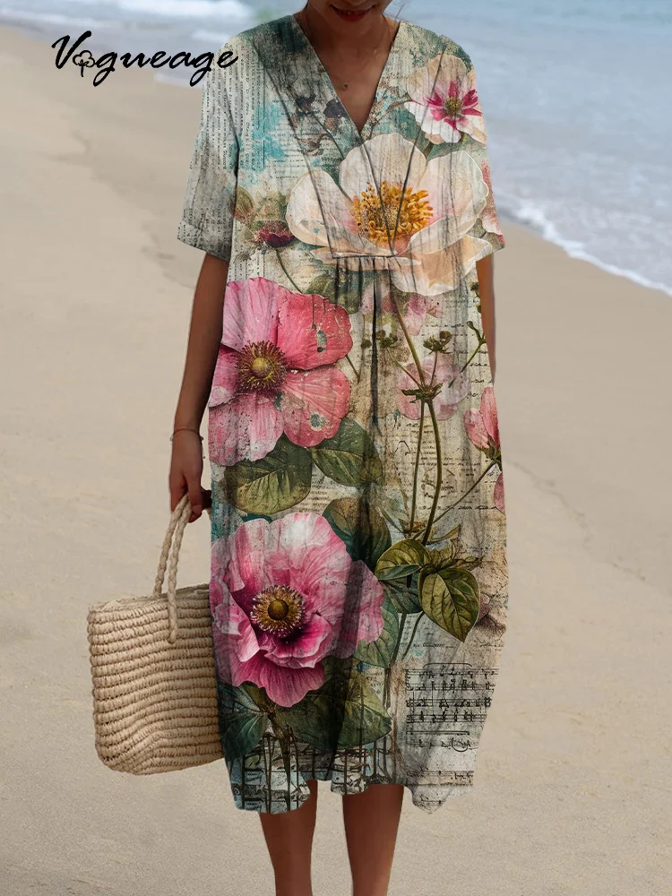 Generous Artistic Printed Women's Casual Cotton And Linen Dress