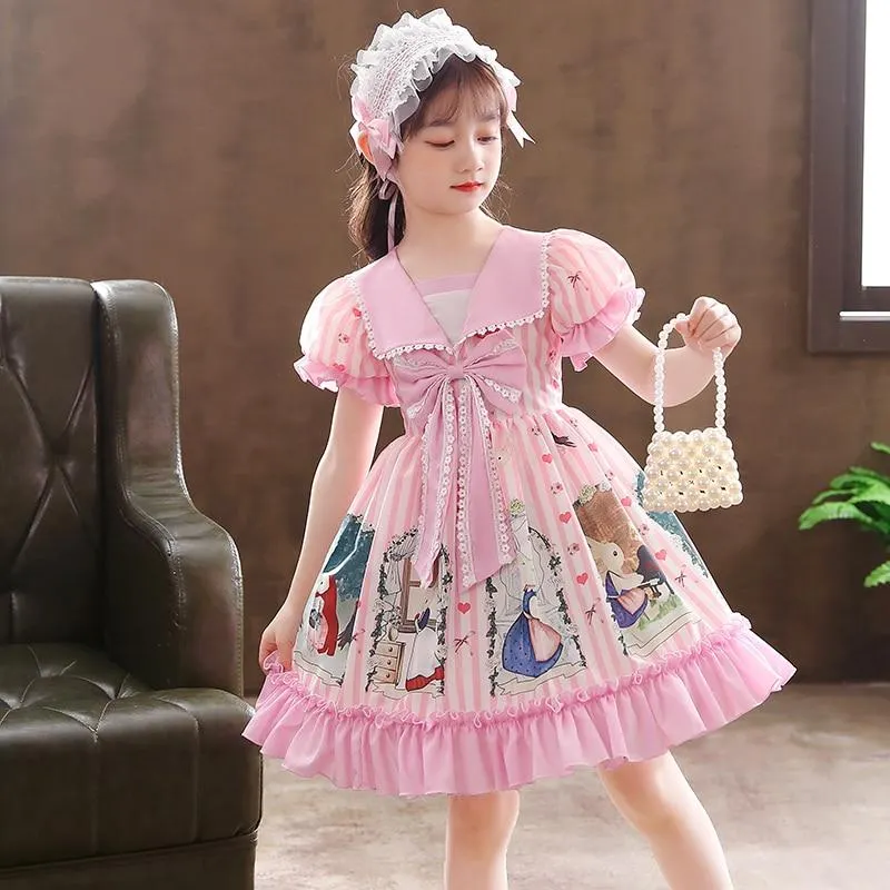 Girls Lolita Dress College Sailo Style Bow Causal Wedding Party Birthday Costume Princess Flower Girls Dress Kids Tutu Dress