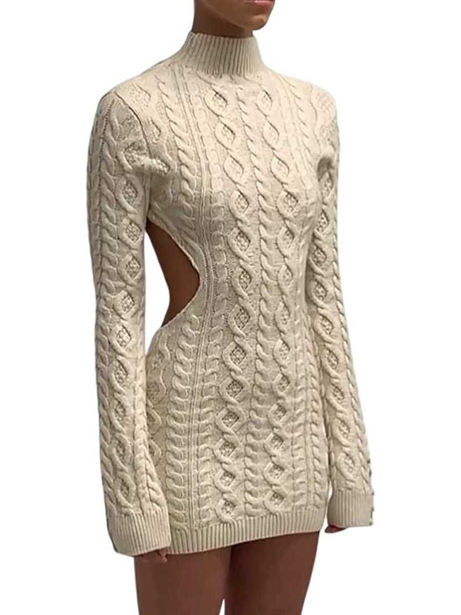 Women's Sweater Dress Mock Neck Backless Knitted Bodycon Dress