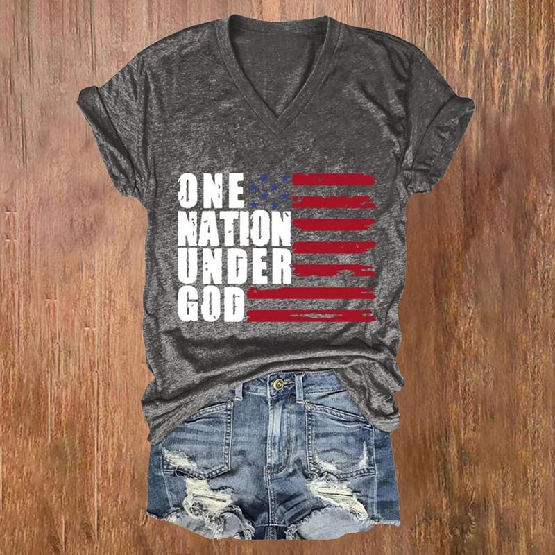 Comstylish Women's One Nation Under God Print Casual V Neck T-Shirt