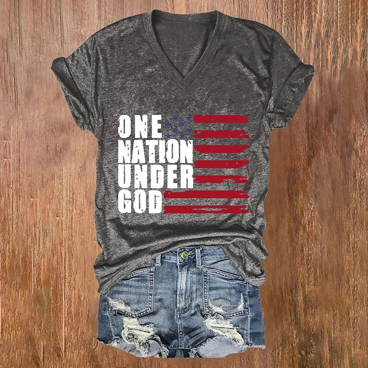 Women's One Nation Under God Print Casual V Neck T-Shirt