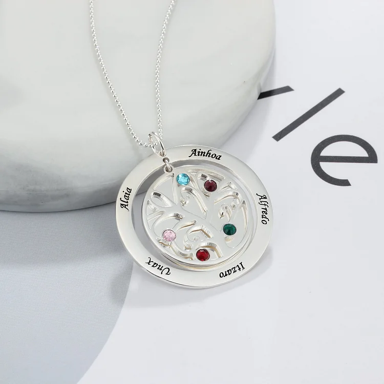 Family Tree Necklace Engarved 5 Names Birthstone Necklace 5 Stones Personalized Gift for Grandmother