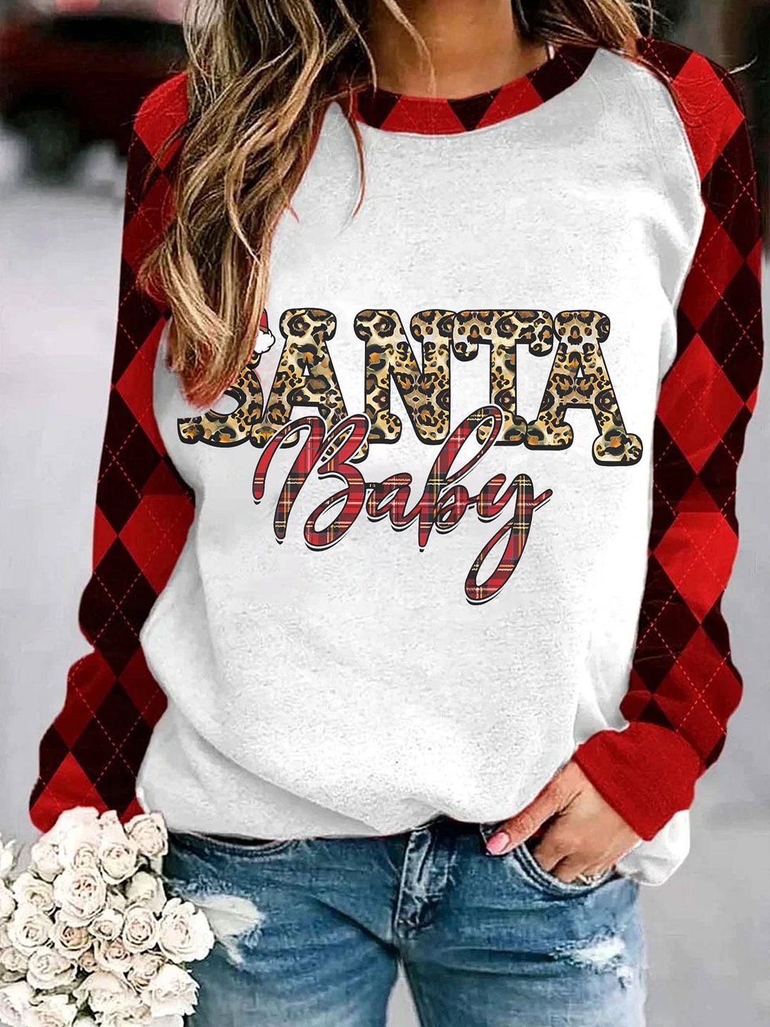Santa Baby Plaid Long Sleeve Sweatshirt